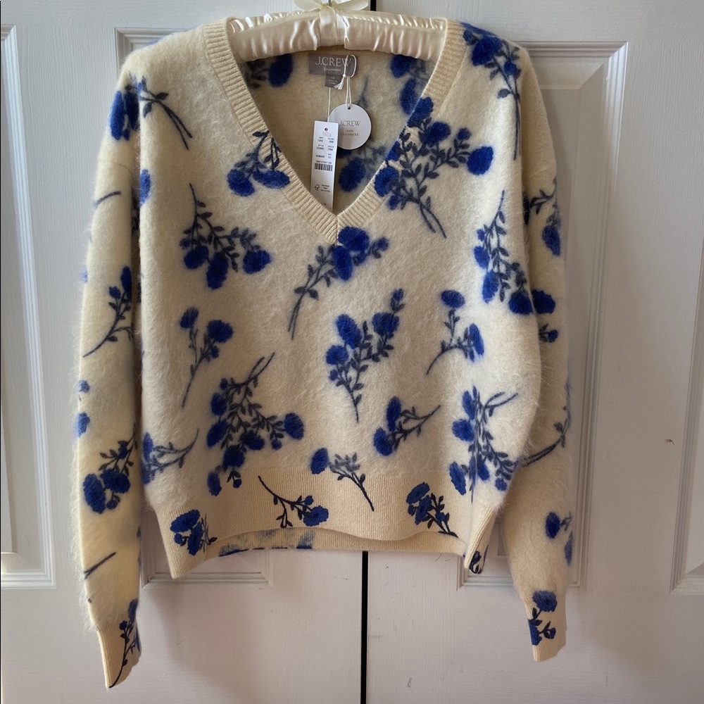 J. Crew Brushed Cashmere V-Neck Sweater Toile Floral Print, Ivory/Blue, XS, NWT